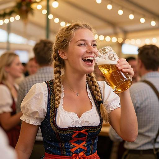 Photograph of a smiling blonde woman with braided hair, wearing a traditional German dirndl, drinking beer in a festive, warmly-lit beer garden