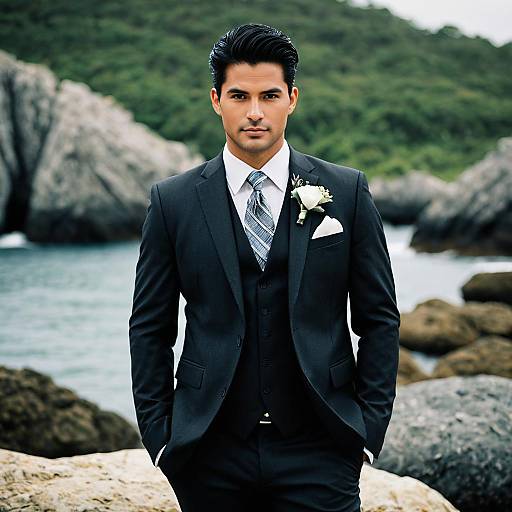 Groom in Formal Suit on Rocky Beach