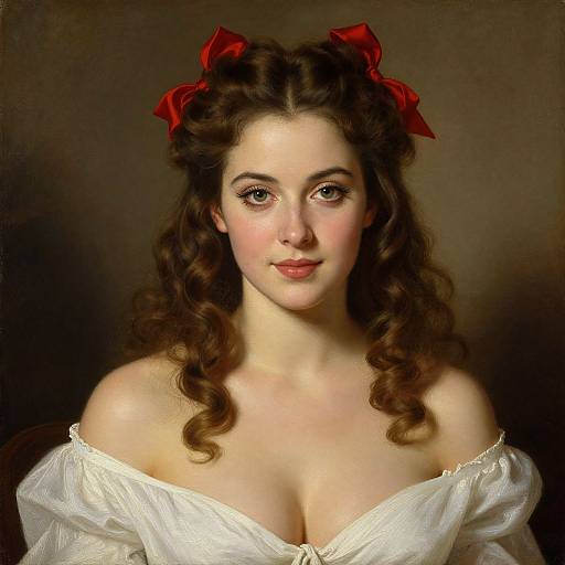 Digital painting of a fair-skinned woman with curly brown hair, red bows, and an off-shoulder white dress, against a dark background.