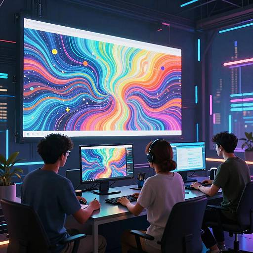 Three people working at a modern, neon-lit desk with colorful, abstract wave patterns on screens; futuristic office setting.
