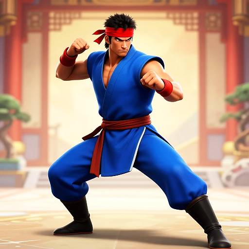 Digital artwork of a muscular male martial artist in a blue gi, red headband, and brown belt, striking a fighting pose in a sunlit,