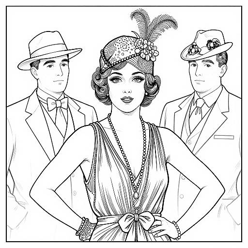 Black-and-white line drawing of a flapper woman with a feathered headpiece, low-cut dress, and bracelets, flanked by two suited men