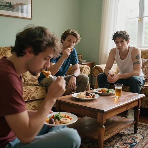 Three Men Dining in a Cozy Room