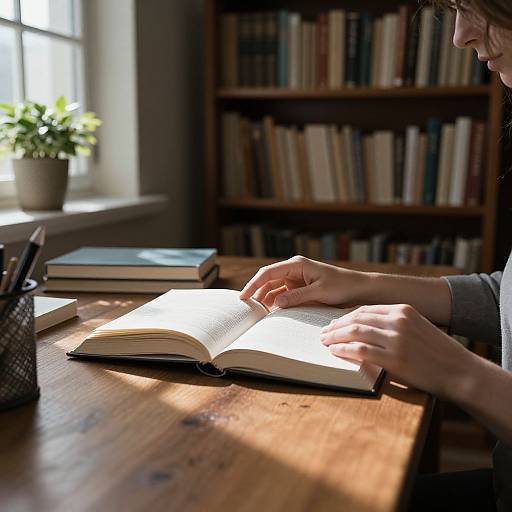 Photograph of hands reading an open book on a sunlit wooden table, with a window, potted plant, and bookshelf in the background.