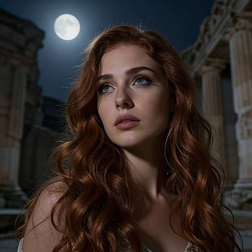 Photograph of a fair-skinned woman with long, wavy auburn hair, blue eyes, and pouty lips, illuminated by a