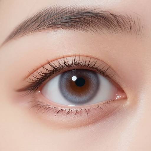 Close-up photograph of a blue-gray eye with long eyelashes, thick dark eyebrow, and subtle pinkish-white skin, highlighting detailed iris and pupil.