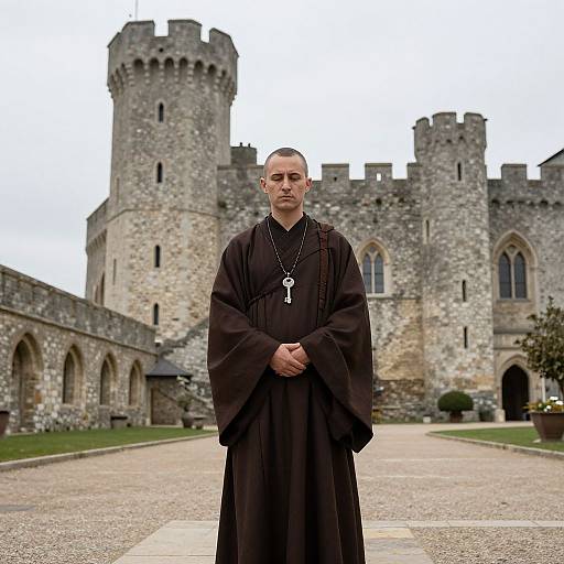 Monk in Medieval Castle Courtyard