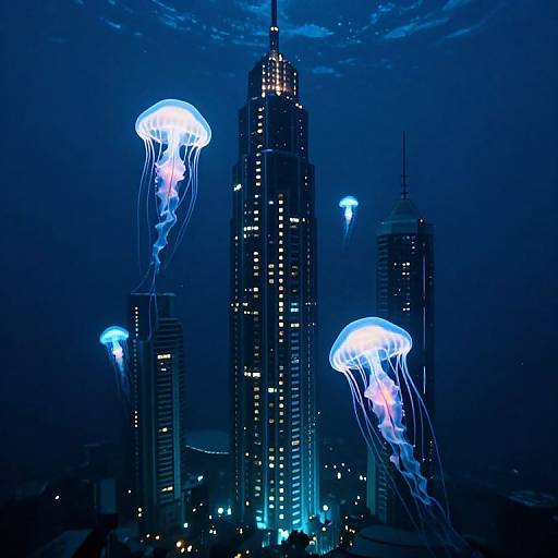 Photograph of a city skyline at night with glowing blue and purple jellyfish-like lights floating around tall, illuminated skyscrapers.