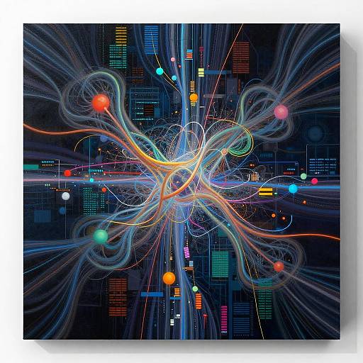 Digital art of a vibrant, neon-lit cityscape with swirling, colorful light trails and glowing orbs, creating a futuristic, dynamic scene.