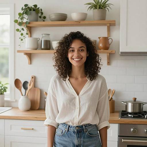 Photograph of a smiling, curly-haired woman in a white button-up shirt and blue high-waisted jeans, standing in a bright, modern kitchen