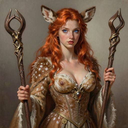 Digital artwork of a red-haired, blue-eyed, fair-skinned, fantasy female warrior with deer ears, holding two ornate staffs, wearing a