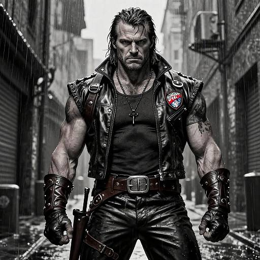 Muscular, tattooed man in black leather vest, tank top, and gloves stands confidently in rainy, urban alleyway. Grungy, intense