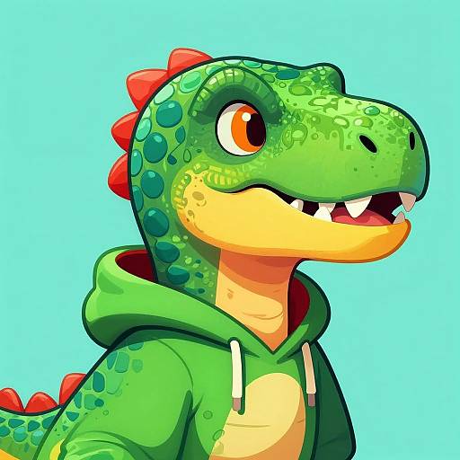Digital cartoon of a cute, green, anthropomorphic dinosaur with red spikes, wearing a green hoodie, against a bright blue background.