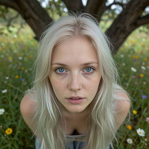 Photograph of a fair-skinned, blonde woman with blue eyes, freckles, and long hair, leaning forward in a sunlit meadow
