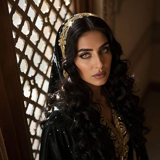 Photograph of a stunning woman with long, wavy black hair, wearing an ornate gold headpiece and black, bejeweled attire,