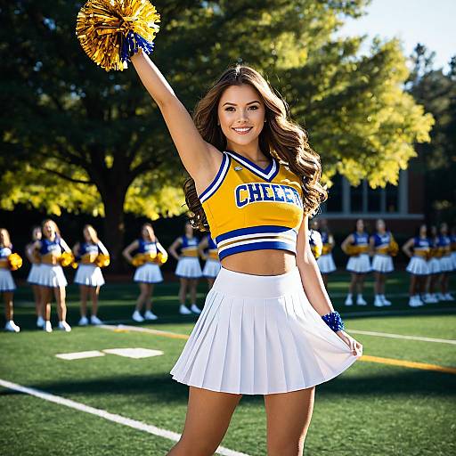 Young Cheerleader in Blue and Gold Uniform