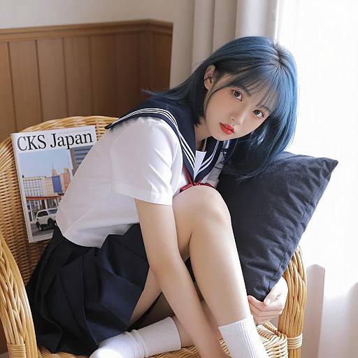 Asian Woman in Schoolgirl Uniform Sitting on Wicker Chair