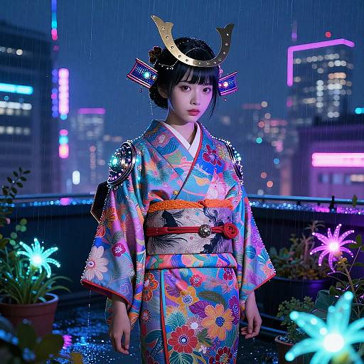 Neon Kimono Samurai Rooftop Garden Midnight