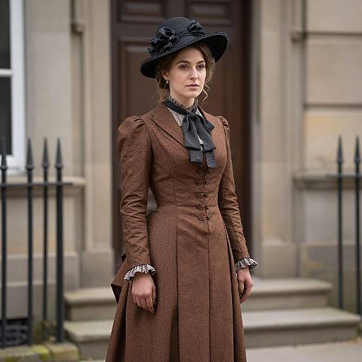 Photograph of a poised woman in a brown Victorian-style dress with black lace accents, black hat, and ribbon, standing in front of a stone building