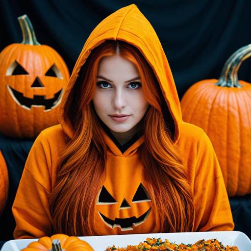 Woman in Pumpkin Hoodie with Halloween Pumpkin Decor