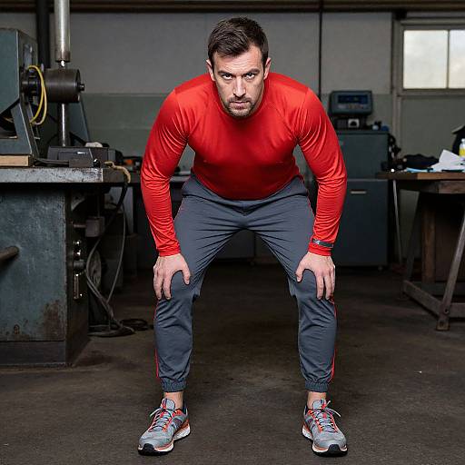 Photograph of a muscular man with short dark hair, wearing a red long-sleeve shirt, gray pants, and gray sneakers, crouching