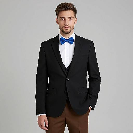 Photograph of a handsome, light-skinned man with short brown hair and beard, wearing a black suit, white shirt, blue bowtie, and