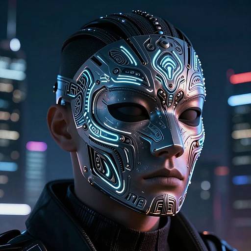 Cyber Tribal Mask in Futuristic City