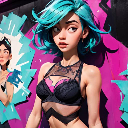 Photograph of a fit, brown-haired woman in blue lace lingerie, standing against a graffiti-covered wall, highlighting her toned abs and confident expression.