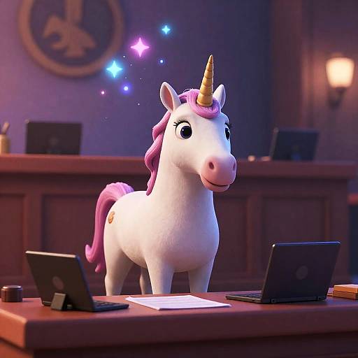 CGI image of a white, cartoon unicorn with a pink mane and horn, standing on a wooden desk with two laptops. Background includes a blurred office