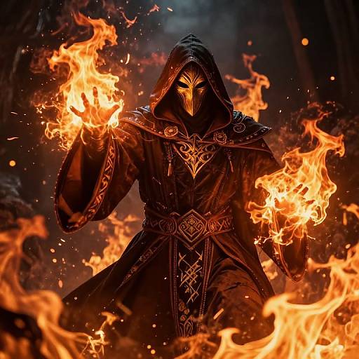 Fiery Hooded Sorcerer in Dark Fantasy