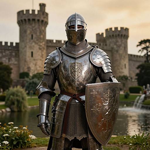 Photograph of a medieval knight statue in shiny, detailed armor with a shield, standing in front of a castle with towers and a pond with a fountain