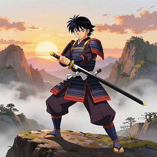 Anime Samurai on Misty Mountain Sunrise