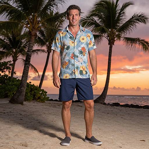 Photograph of a muscular man with short dark hair, wearing a Hawaiian shirt, navy shorts, and black sneakers, standing on a tropical beach at sunset