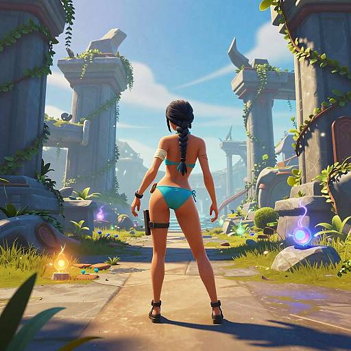 CGI image of a woman in a turquoise bikini, black braid, holding a gun, standing in a sunlit, ruined, overgrown temple