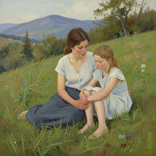 Realistic oil painting of a mother with brown hair and white blouse, and her daughter with blonde hair and white dress, sitting in a grassy me