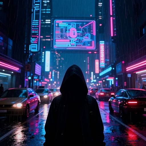 Cyberpunk city street at night, silhouetted hooded figure in foreground, neon signs glowing pink, blue, and purple, rain falling