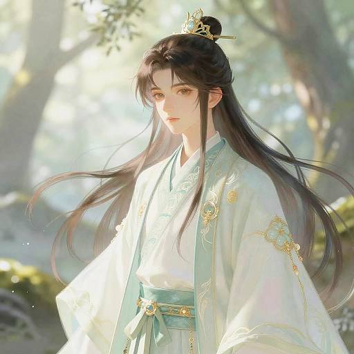 Digital anime-style drawing of a serene, long-haired woman in a white and blue kimono with gold embroidery, crowned with a small golden headdress,