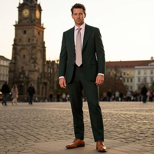 Photograph of a tall, handsome man in a dark suit, white shirt, and pink tie, standing confidently in a cobblestone town square with
