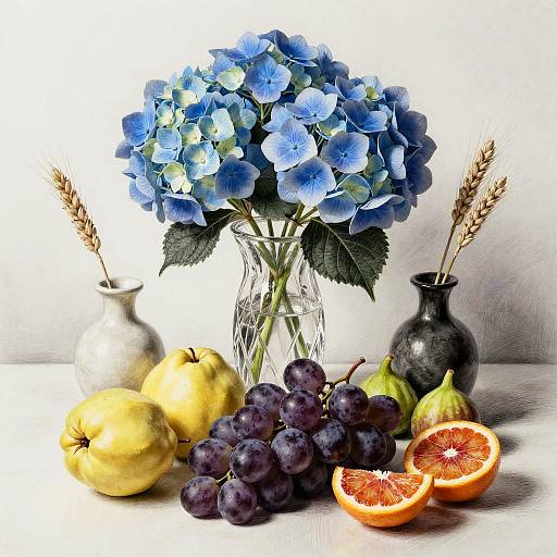 Still Life with Blue Hydrangeas and Mixed Fruit