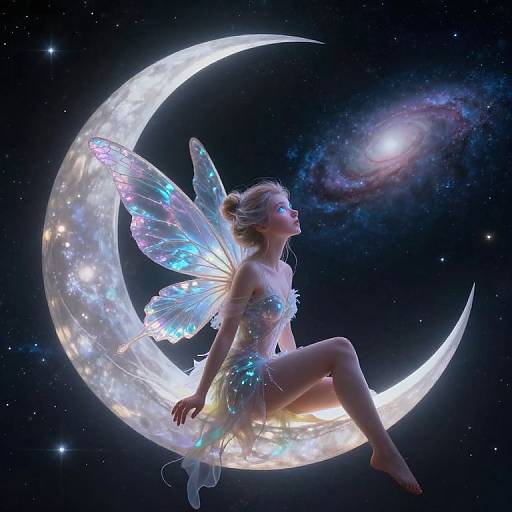 Digital art: Fairy with iridescent wings and glowing dress sits on a luminous crescent moon, gazing at a spiral galaxy in a star