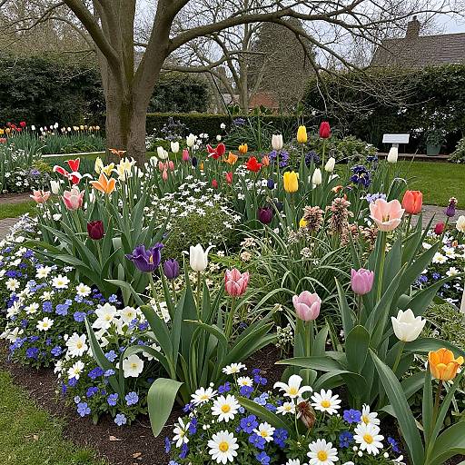 Vibrant photograph of a blooming garden with tulips in red, yellow, pink, and white, daisies, and blue forget-me
