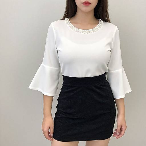 Photograph of a woman with long black hair, wearing a white blouse with lace trim and black high-waisted skirt, standing against a plain white