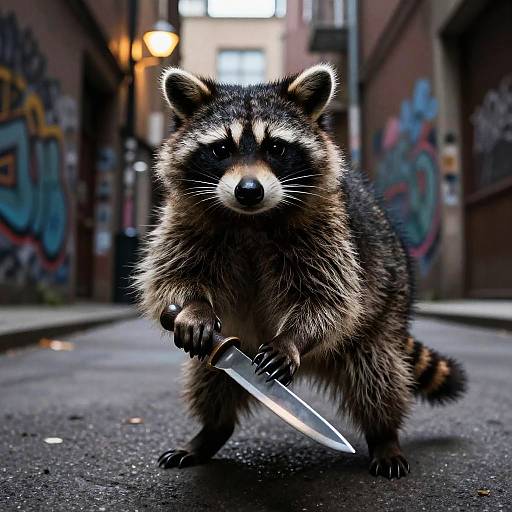 Raccoon with Knife in Urban Alley
