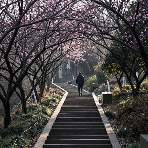 Photograph of a person in a blue jacket walking up a sunlit, stairway path flanked by blooming cherry blossom trees with pink flowers.