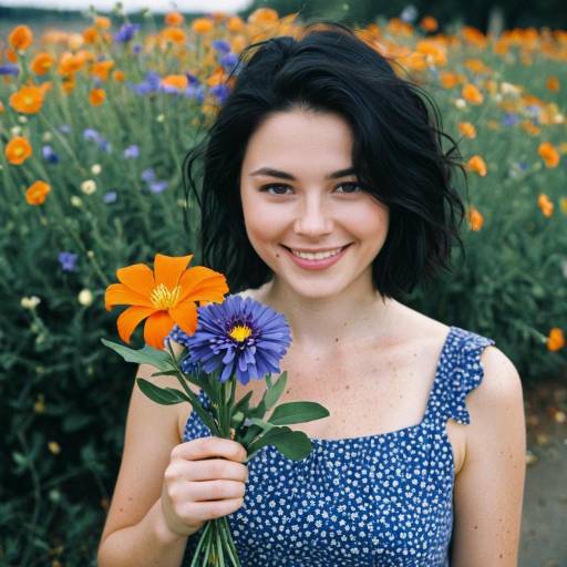 Cheerful Girl with Flower Bouquet