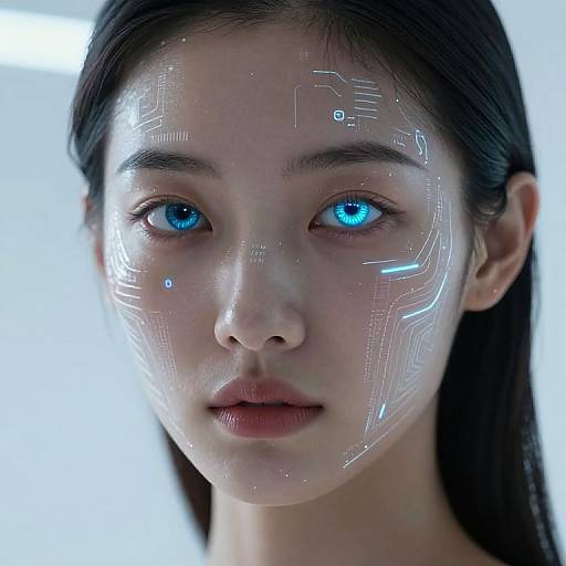 Digital CGI portrait of an Asian woman with glowing blue eyes, light skin, and futuristic circuit patterns on her face, against a bright white background.
