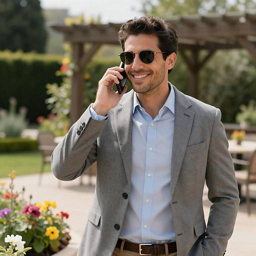 Smiling Man on Phone in Garden