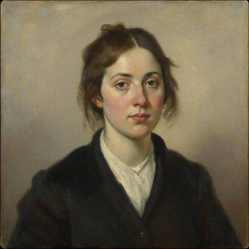 Oil painting portrait of a young Caucasian woman with fair skin, dark brown hair, wearing a black coat over a white blouse, against a plain beige background