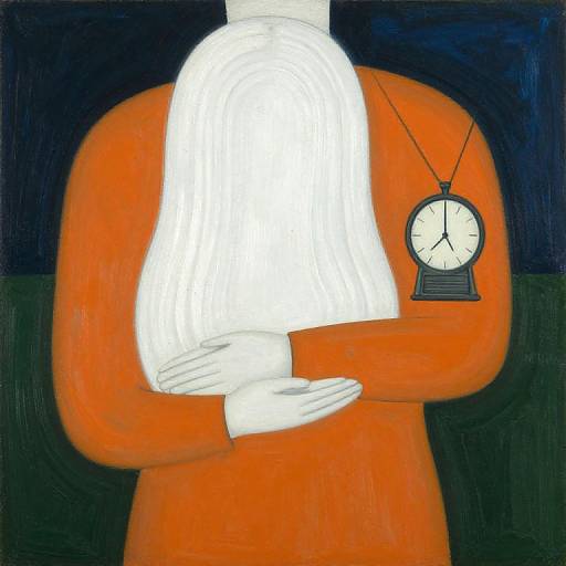 Surrealist painting of a person with a white, featureless head, wearing an orange outfit, arms crossed, and a clock necklace. Dark background