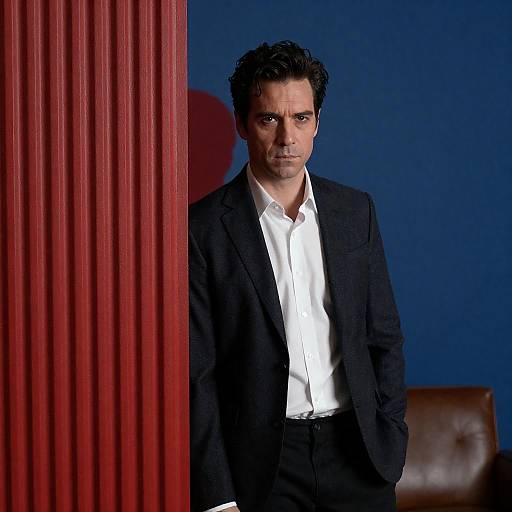 Serious Man Behind Red Divider Photograph